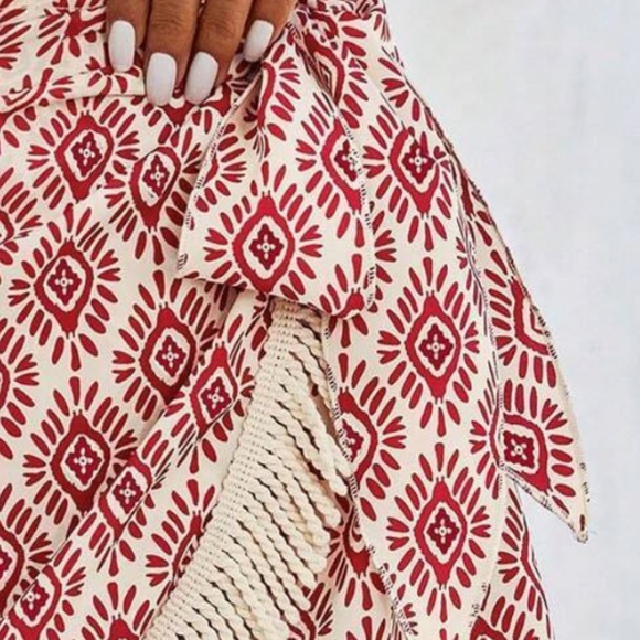 Boho Geo Print Fringe Hem Side Tie Skorts - Picture 3 of 7